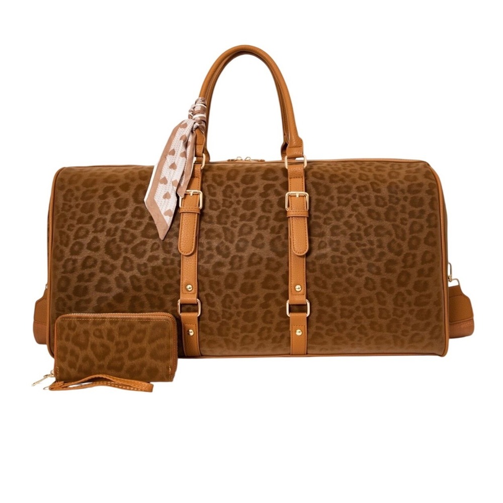 Leopard Print Duffle Bag Travel Weekender with Matching Wallet and Scarf Set‎